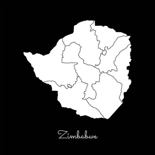 Zimbabwe region map white outline on black background Mappa dettagliata delle regioni Zimbabwe Vector — Vettoriale Stock