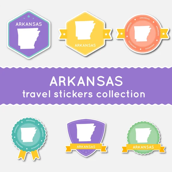 Arkansas reizen stickers collectie grote reeks van stickers met ons staat kaart en naam platte materiaal — Stockvector