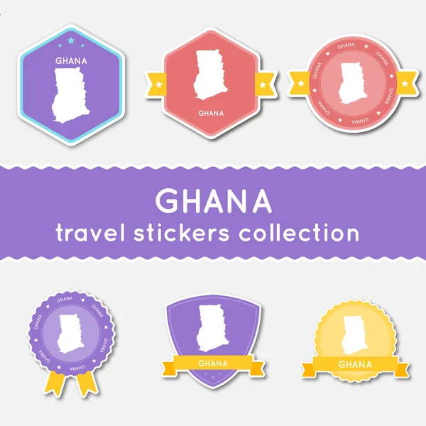 Γκάνα ταξιδιωτική συλλογή αυτοκόλλητα μεγάλο σετ με αυτοκόλλητα με χάρτη της χώρας και το όνομα επίπεδης υλικό στυλ — Διανυσματικό Αρχείο