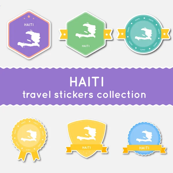 Haití colección de pegatinas de viaje Gran conjunto de pegatinas con mapa del estado de Estados Unidos y nombre Material plano — Vector de stock