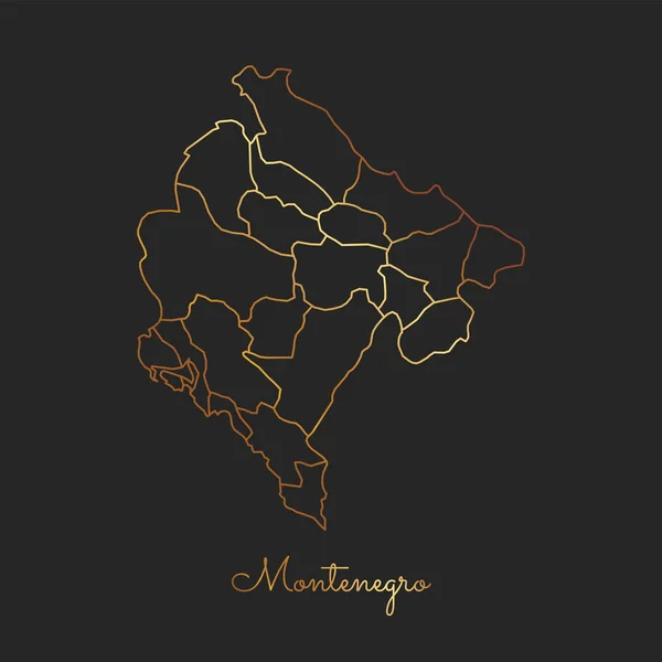 Karte der Region Montenegro mit goldenem Gefälle auf dunklem Hintergrund Detailkarte von Montenegro — Stockvektor