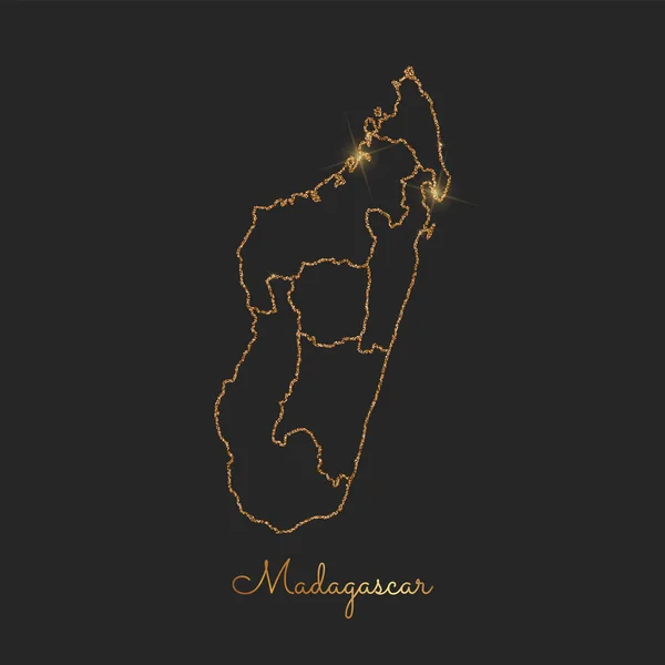Madagascar region map golden glitter outline with sparkling stars on dark background Detailed map — Stock Vector