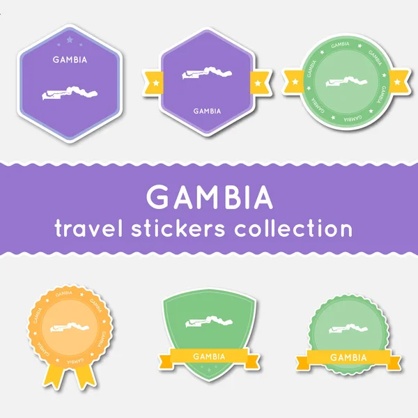 Gambia reizen stickers collectie grote reeks van stickers met land kaart en naam platte materiaal — Stockvector