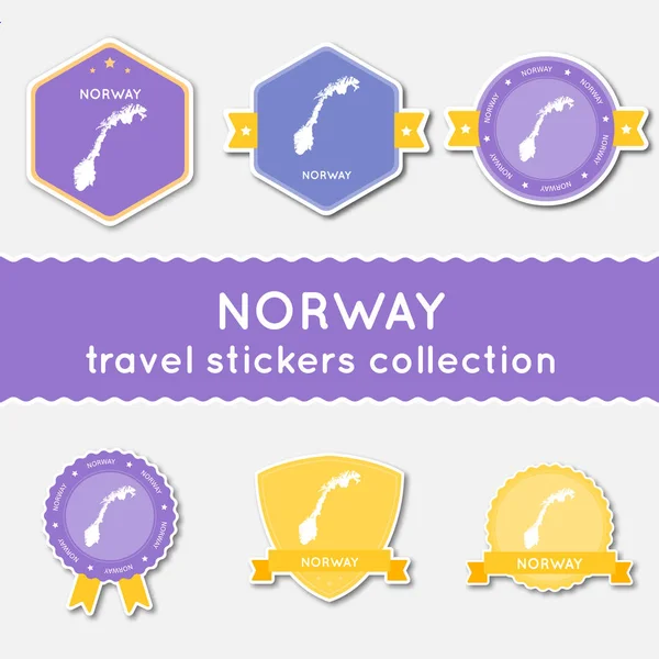 Νορβηγία ταξίδια αυτοκόλλητα συλλογή μεγάλο σετ με αυτοκόλλητα με χώρα χάρτη και όνομα επίπεδη υλικό — Διανυσματικό Αρχείο