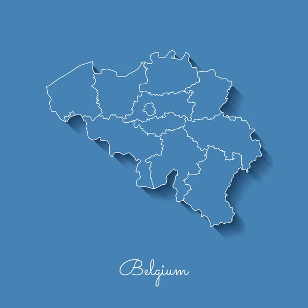 Belgio mappa della regione blu con contorno bianco e ombra su sfondo blu Mappa dettagliata del Belgio — Vettoriale Stock