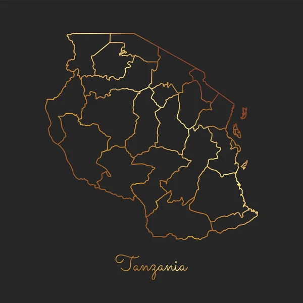 Mapa regional de Tanzania contorno de degradado dorado sobre fondo oscuro Mapa detallado de Tanzania regiones — Vector de stock