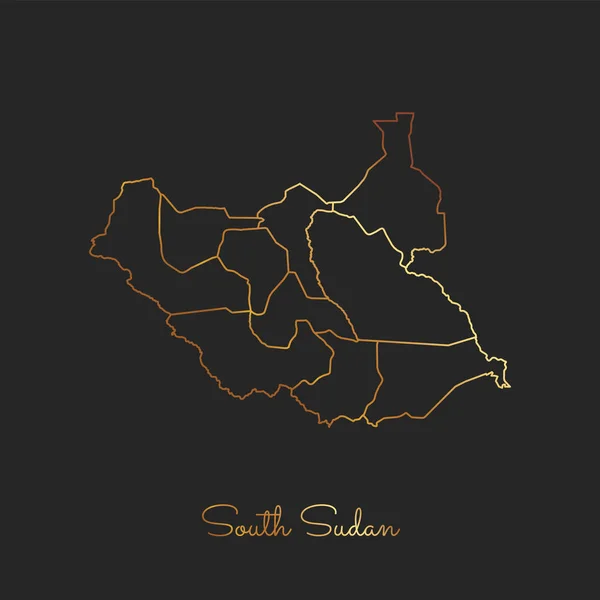 Jižní Súdán regionu mapa zlatých přechodu obrysu na tmavém pozadí podrobnou mapu Jižní Súdán — Stockový vektor
