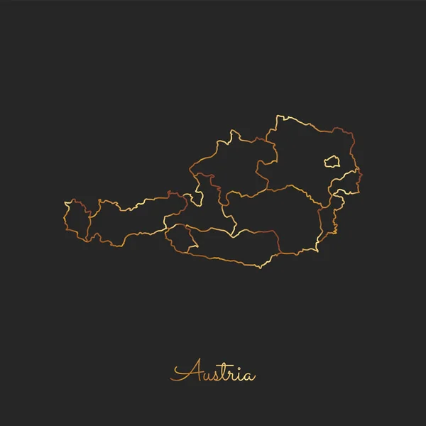 Österreich Landkarte Goldener Gradienten Umriss auf dunklem Hintergrund Detailkarte der österreichischen Regionen — Stockvektor