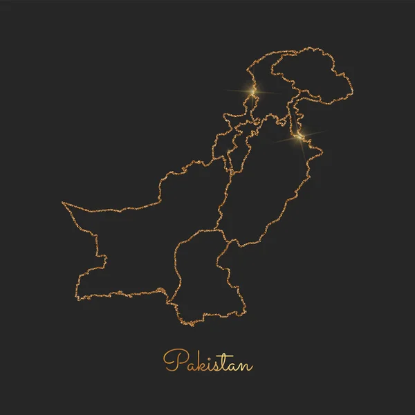 Pakistan region map golden glitter outline with sparkling stars on dark background Detailed map of — Stock Vector