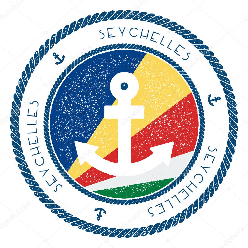 Nautical Travel Stamp with Seychelles Flag and Anchor Marine rubber stamp with round rope border