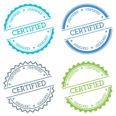 Düz beyaz arka plan üzerinde izole sertifikalı rozet stil yuvarlak etiket metin dairesel amblemi ile