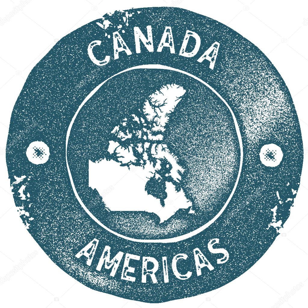Canada map vintage stamp. Retro style handmade label. Canada badge or element for travel souvenirs. Rubber stamp with country map silhouette. Vector illustration.