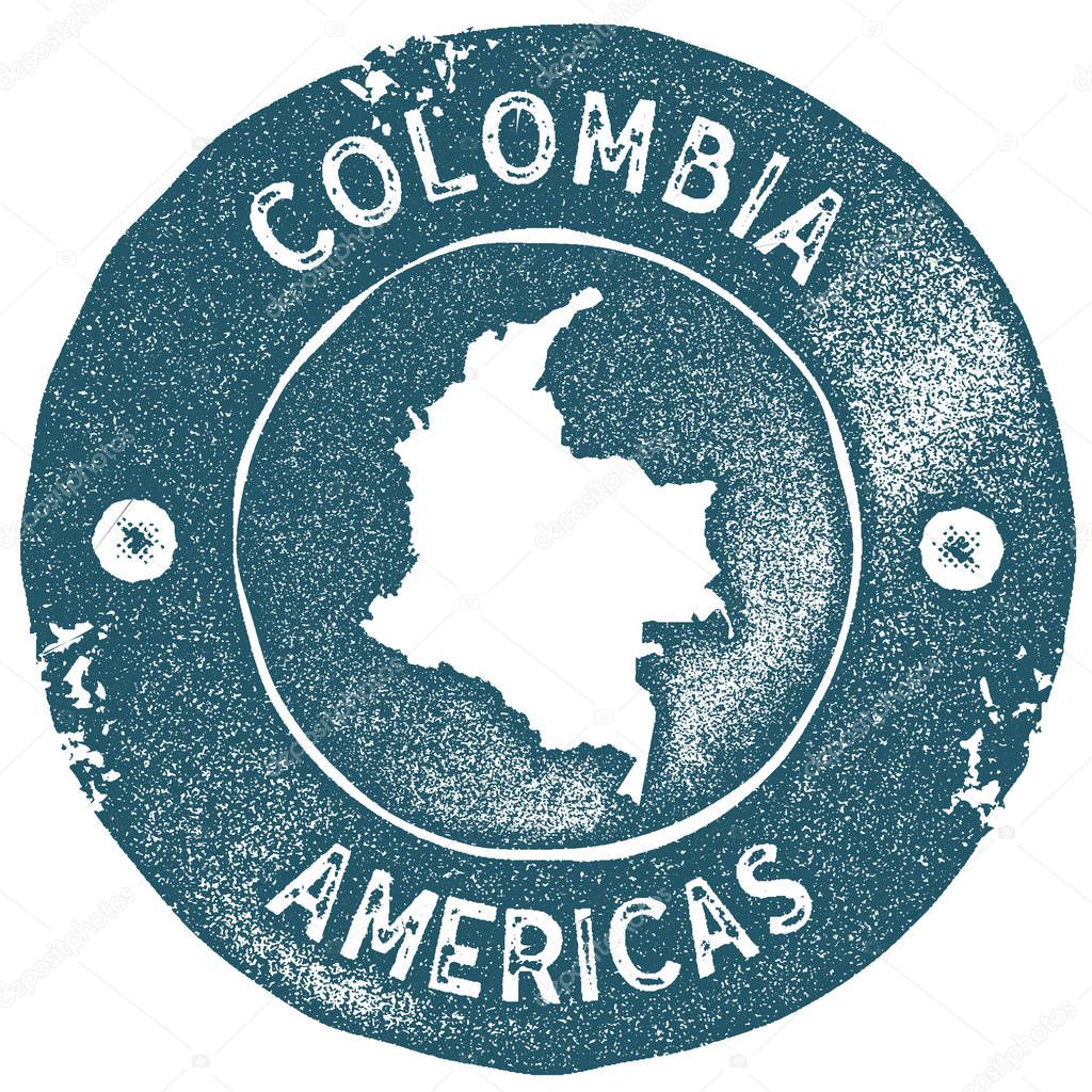 Colombia map vintage stamp. Retro style handmade label. Colombia badge or element for travel souvenirs. Rubber stamp with country map silhouette. Vector illustration.