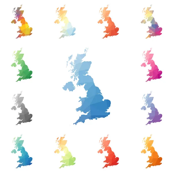 Reino Unido geométrico poligonal estilo mosaico mapas colección teselación abstracta brillante baja — Vector de stock