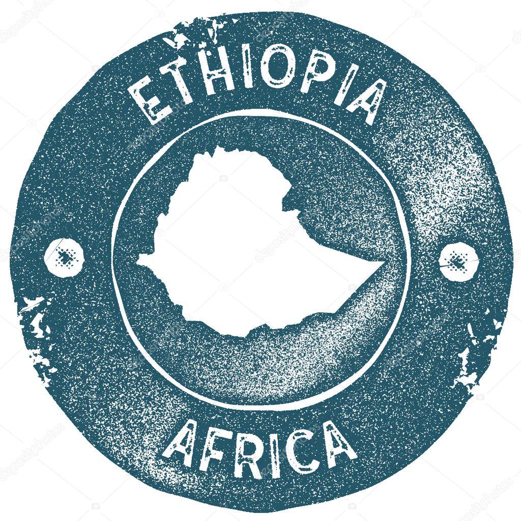 Ethiopia map vintage stamp. Retro style handmade label. Ethiopia badge or element for travel souvenirs. Rubber stamp with country map silhouette. Vector illustration.
