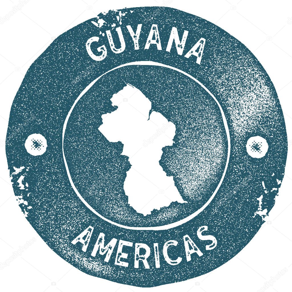 Guyana map vintage stamp. Retro style handmade label. Guyana badge or element for travel souvenirs. Rubber stamp with country map silhouette. Vector illustration.