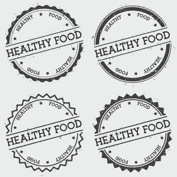 Gesunde Lebensmittel Abzeichen Stempel isoliert auf weißem Hintergrund Grunge runde Hipster Siegel mit Textfarbe — Stockvektor
