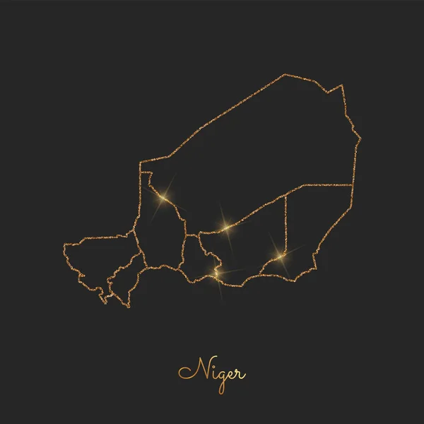 Niger region map golden glitter outline with sparkling stars on dark background Detailed map of — Stock Vector