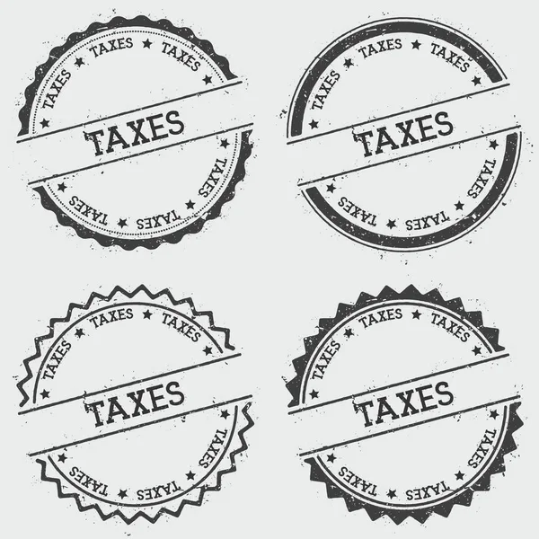 Impostos selo insígnia isolado no fundo branco Grunge redondo selo hipster com textura de tinta de texto —  Vetores de Stock