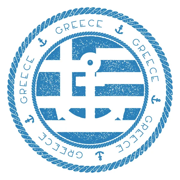 Selo de viagem náutico com bandeira da Grécia e ancoragem Selo de borracha marinha com borda de corda redonda e — Vetor de Stock
