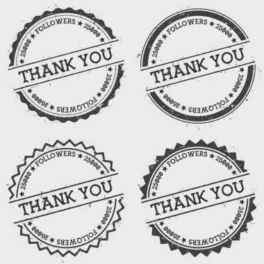 Teşekkür ederim 25000 takipçileri Insignia damga Grunge beyaz arka plan üzerinde yuvarlak hipster mühür izole.