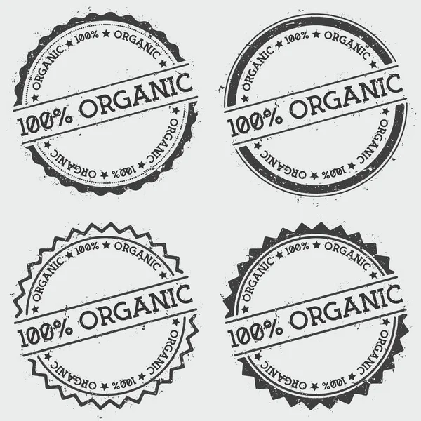 100 Sello de insignia orgánica aislado sobre fondo blanco Sello hipster redondo Grunge con tinta de texto — Vector de stock