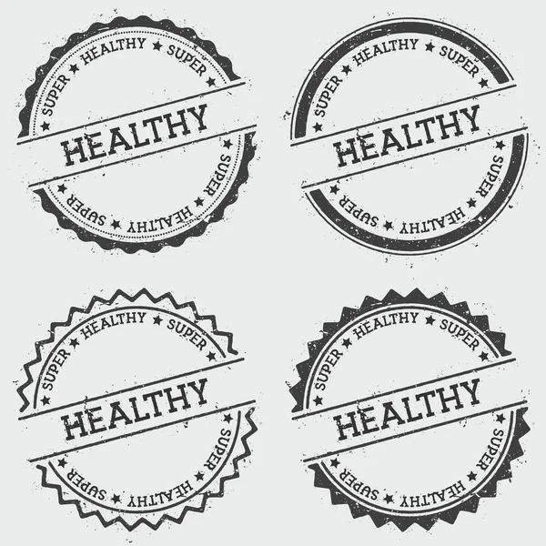 Super healthy insignia stamp isolated on white background Grunge round hipster seal with text ink — Stock Vector