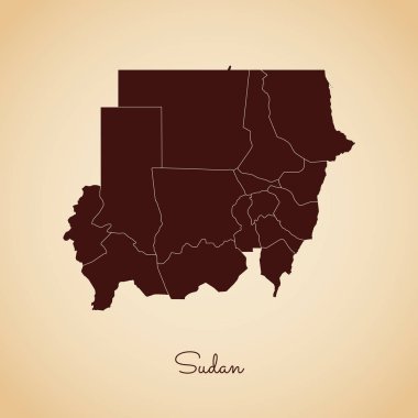 Sudan bölgesi harita retro tarzı kahverengi anahat eski kağıt arka planda ayrıntılı harita Sudan bölgelerinde