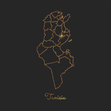 Tunus Bölge Haritası altın glitter anahat parlak yıldız koyu arka planda ayrıntılı göster