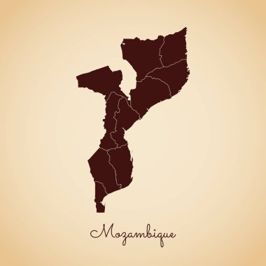Mozambik bölgesi harita retro tarzı kahverengi anahat eski kağıt arka planda ayrıntılı haritası Mozambik
