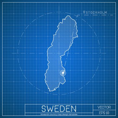 İsveç blueprint Haritası şablonu ile başkent Stockholm vektör blueprint İsveç haritada işaretli