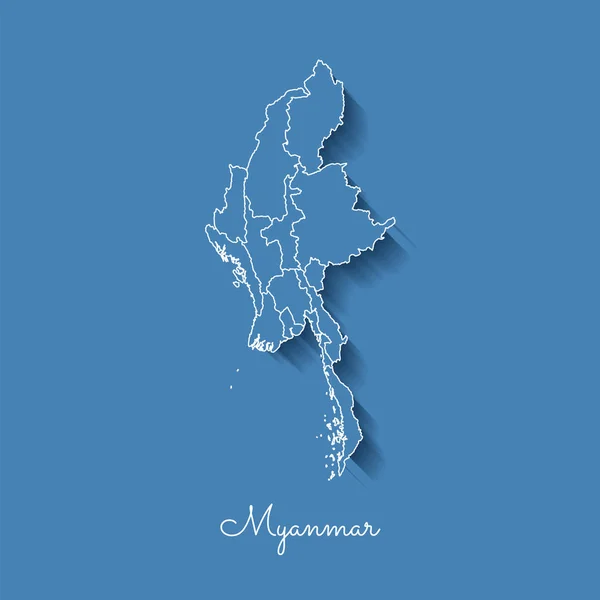 Myanmar mapa da região azul com contorno branco e sombra sobre fundo azul Mapa detalhado de Myanmar —  Vetores de Stock