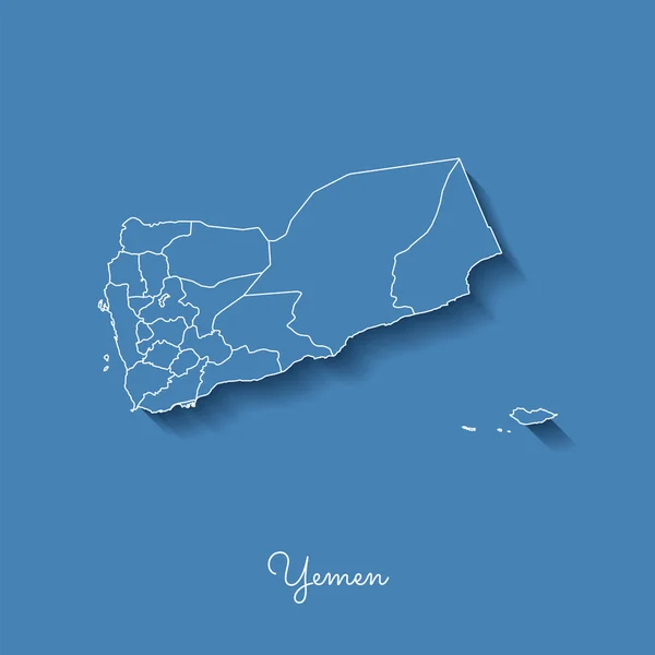 Yémen carte de la région bleue avec contour blanc et ombre sur fond bleu Carte détaillée de Yémen — Image vectorielle