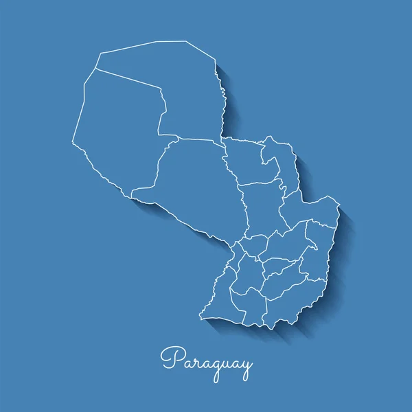 Paraguai mapa da região azul com contorno branco e sombra sobre fundo azul Mapa detalhado de Paraguai — Vetor de Stock