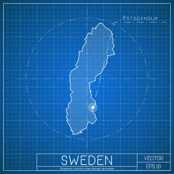 Schweden blueprint map template with capital city stockholm marked on blueprint schwedischer Kartenvektor — Stockvektor