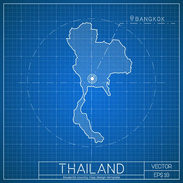 Thailand blueprint map template with capital city bangkok marked on blueprint thai map vektor — Stockvektor