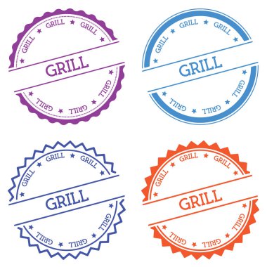 Düz beyaz arka plan üzerinde izole rozet ızgara tarzı yuvarlak etiket metin dairesel amblemi vektör ile