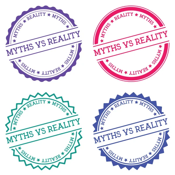 Mitos vs realita lencana diisolasi pada latar belakang putih Gaya datar label bulat dengan teks Melingkar - Stok Vektor