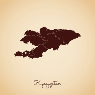 Kırgızistan bölgesi harita retro tarzı kahverengi anahat eski kağıt arka planda ayrıntılı harita Kırgızistan