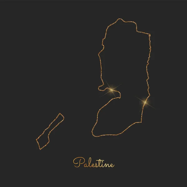 Palestine region map golden glitter outline with sparkling stars on dark background Detailed map — Stock Vector