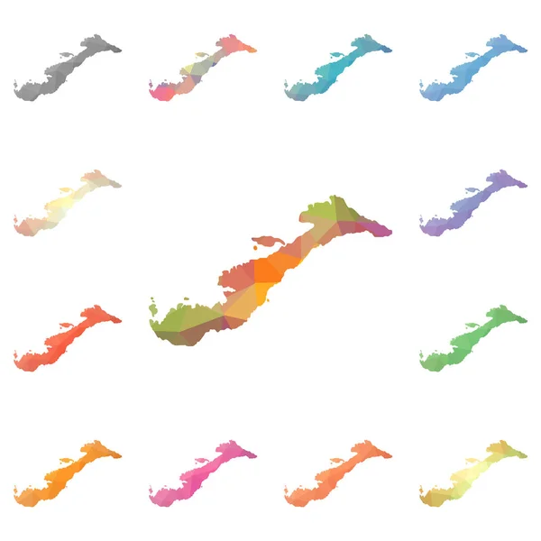 Amorgos 형상 다각형 모자이크 스타일 섬 지도 컬렉션 낮은 밝은 추상 공간 분할 — 스톡 벡터