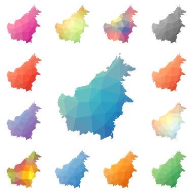 Borneo geometrik poligonal mozaik tarzı ada koleksiyonu parlak soyut mozaik düşük haritalar