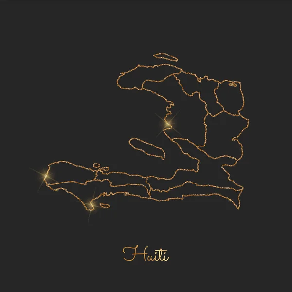 Haiti region map golden glitter outline with sparkling stars on dark background Detailed map of — Stock Vector