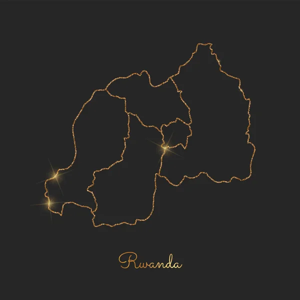 Karte der Region Ruanda mit goldenem Glanz und funkelnden Sternen auf dunklem Hintergrund — Stockvektor