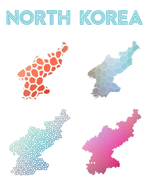 Mappa poligonale della Corea del Nord Collezione di mappe in stile mosaico Tassellazione astratta brillante geometrica — Vettoriale Stock