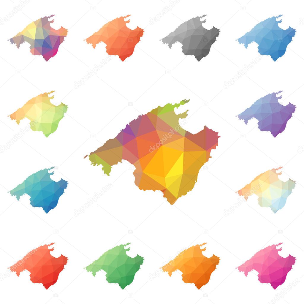 Majorca geometric polygonal mosaic style island maps collection Bright abstract tessellation low