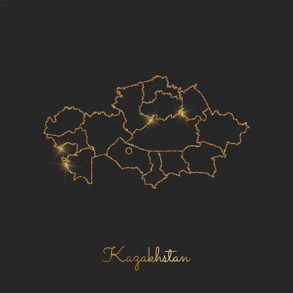 Mapa de la región de Kazajstán contorno de brillo dorado con estrellas brillantes sobre fondo oscuro Mapa detallado — Archivo Imágenes Vectoriales