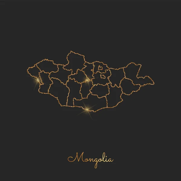 Mongolia region map golden glitter outline with sparkling stars on dark background Detailed map of — Stock Vector