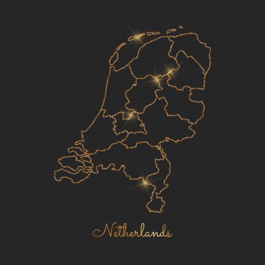 Hollanda Bölge Haritası altın glitter anahat parlak yıldız koyu arka planda ayrıntılı göster