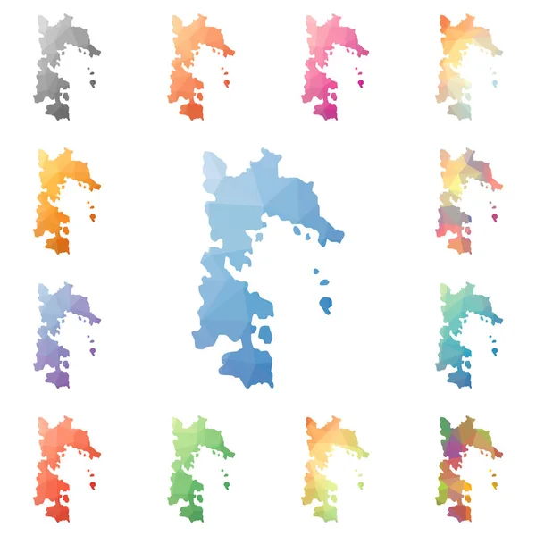 拔摩岛几何多边形马赛克风格岛映射集合明亮抽象镶嵌低 — 图库矢量图片
